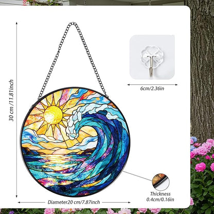 Rngmsi Stained Glass Window Hanging, 7.8″ Sea Sun Catchers with Hook Indoor Window Decor, Decorative Suncatchers Hanging Ornaments Home Garden Art Gift for Housewarming