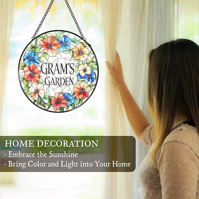 Gram's Garden Floral Stained Glass Window Hanging Suncatcher for Grandma, Gram Grandma Gifts Sun Catcher Wall Hanging Decoration for for Mothers Day Christmas Birthday, 7.8 x 7.8 in