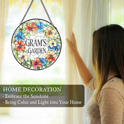 Gram's Garden Floral Stained Glass Window Hanging Suncatcher for Grandma, Gram Grandma Gifts Sun Catcher Wall Hanging Decoration for for Mothers Day Christmas Birthday, 7.8 x 7.8 in