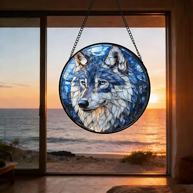 DASTOLL Stained Glass Window Hanging - Funny Wolf Suncatcher Ready to Hang Window Doors Home Decoration and Christmas, Mother's Day Birthday Gifts for Women, Men, and Mom 14.9x14.9 in