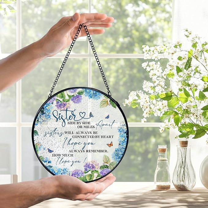 Sisters Gifts, Sister Flower Suncatchers Stained Glass Window Hanging, Sisters Gifts for Christmas Sun Catchers Indoor Window Glass Round Wall Decor, 7.9x7.9in