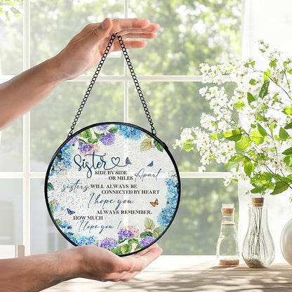 Sisters Gifts, Sister Flower Suncatchers Stained Glass Window Hanging, Sisters Gifts for Christmas Sun Catchers Indoor Window Glass Round Wall Decor, 7.9x7.9in