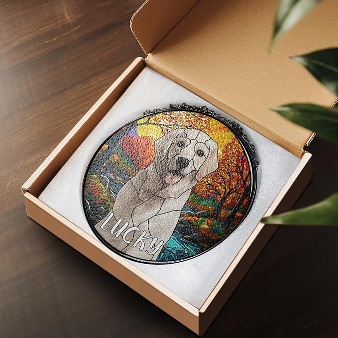 NAZENTI Personalized Pet Stained Glass Suncatcher, Custom Name Pet Photo Memorial Ornament Window Hanging, Remembrance Sympathy Gift for Loss of Pet Dog Cat, Bereavement Keepsake