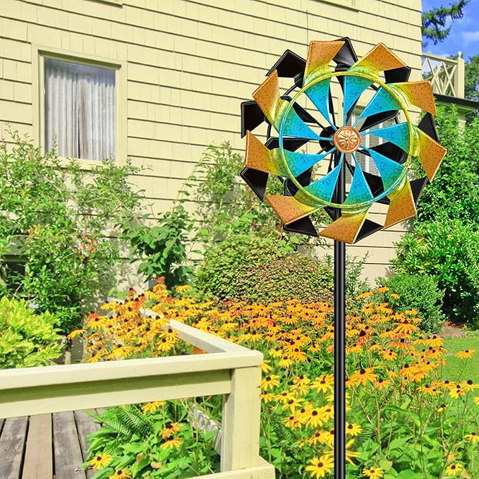 59 Inch Kinetic Wind Spinner Outdoor, Double Blade Wind Sculpture with 5 Prong Base, Garden Metal Pinwheel for Yard Lawn Patio Decor(Colorful)