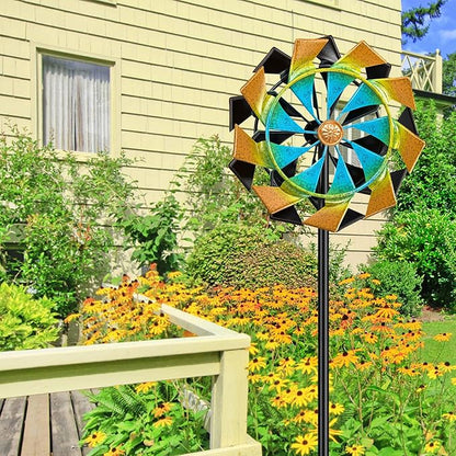 59 Inch Kinetic Wind Spinner Outdoor, Double Blade Wind Sculpture with 5 Prong Base, Garden Metal Pinwheel for Yard Lawn Patio Decor(Colorful)