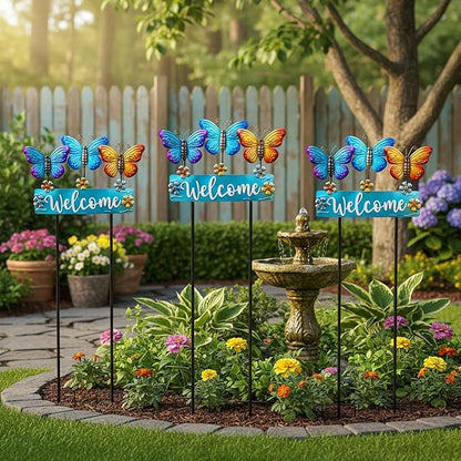 Large Butterfly Garden Stakes 42.1inch with Welcome Sign and Flowers, Butterfly Garden Decor Metal Yard Art for Spring, Lawn Ornaments, Pathway, Outdoor Summer Decorations
