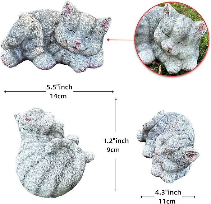 Sleeping Grey Tabby Garden Statue - Resin Realistic Mini Cat Sculpture, Pet Loss Memorial Stone, for Cat Lovers, Indoor/Outdoor Decor, Animal Figurine for Yard Ornaments