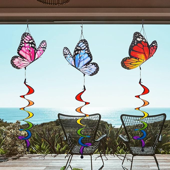 3pcs Butterfly Windmill, Garden Wheel Spinner, Hanging Windsock, Colorful Pin Wheel, Fabric Windmill Wheel, 40inch Whirligigs Windmill, Outdoor Courtyard, Lawn, Decoration Wind Spinner