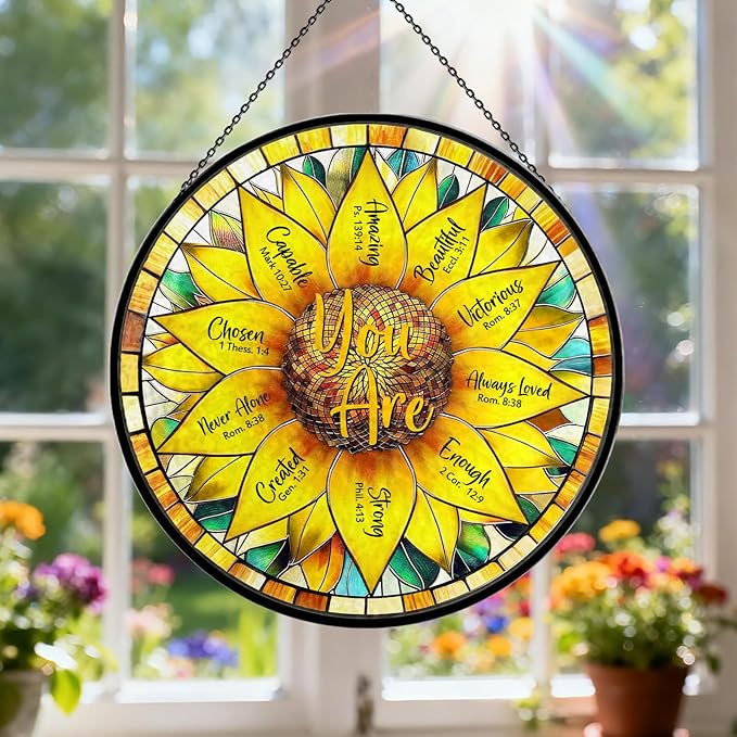 Christian Sunflower Stained Glass Window Hanging, 7.9" Inspirational Bible Verse Sun Catcher Glass Panel, Sunflower Decor Hand Painted Round Wall Art, Religious Gifts for Women, Mom, Wife