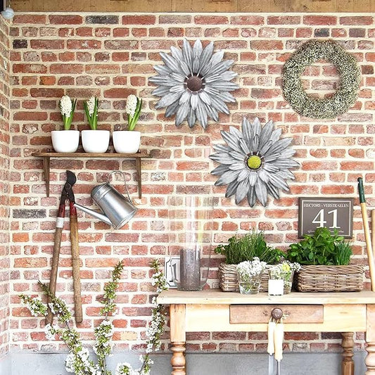 Galvanized Farmhouse Metal Flowers Wall Decor Inspirational,Wall Decor Hanging for Indoor Outdoor Home Bedroom Living Room Office Porch Patio Garden Fence 13Inch,Handmade Gift, Set of 2