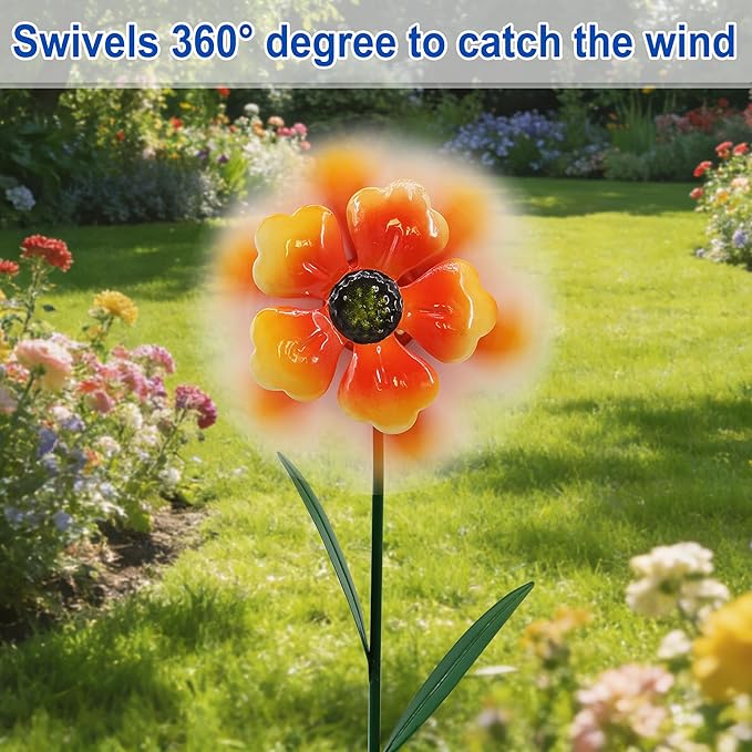 2 Pack Metal Flower Wind Spinners, Outdoor Garden Stakes with Stable H-Base, Kinetic 3D Floral Windmills for Yard, Lawn, and Pathway Decor (Orange & Purple)