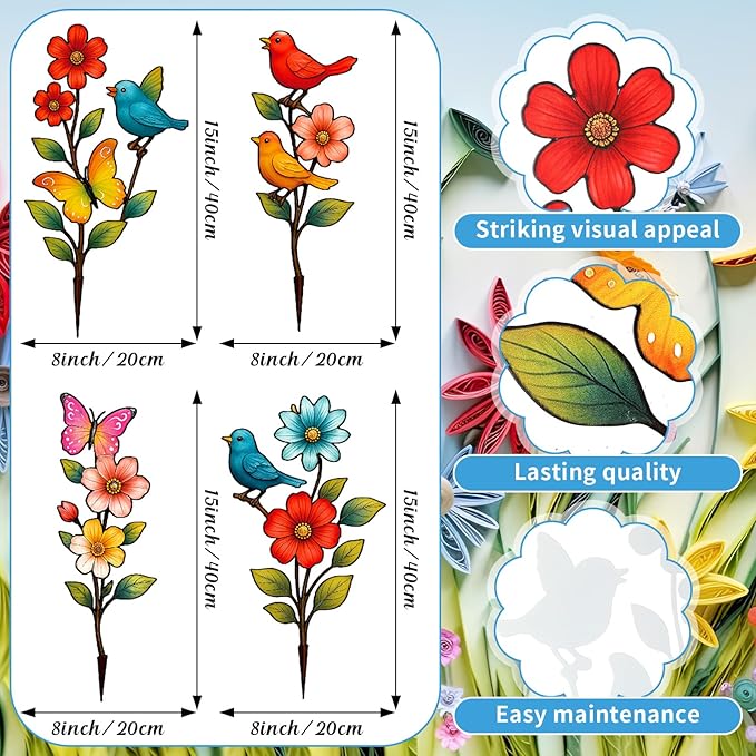 4 Pack Garden Decor for Outside Metal Flowers Garden Stakes Spring Decor 15'' Decorative Colorful Flowers Birds Butterfly Yard Art Rust Proof Plant Sticks for Yard Lawn Pathway Patio Outside