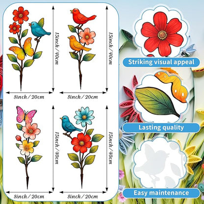 4 Pack Garden Decor for Outside Metal Flowers Garden Stakes Spring Decor 15'' Decorative Colorful Flowers Birds Butterfly Yard Art Rust Proof Plant Sticks for Yard Lawn Pathway Patio Outside