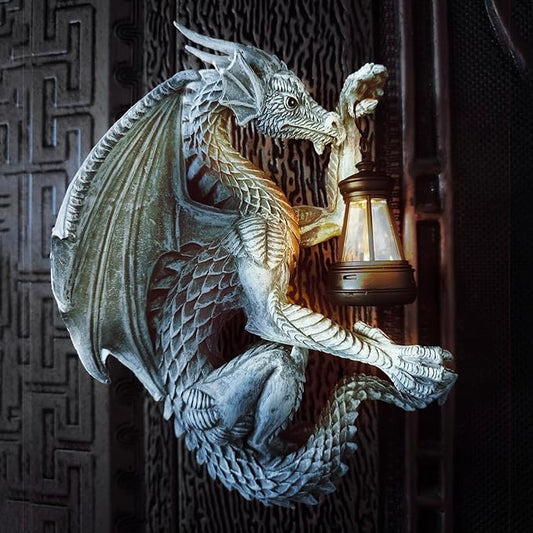 Dragon Outdoor Porch Decor Hugger with Solar Lantern Gothic, Statue Garden Lights, Gifts for Mom, Housewarming Gifts for Women, Ideal Dragon Garden Decor-Pair/Right/Left