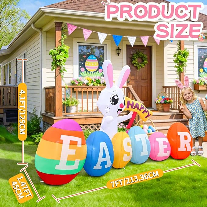 7FT Long Easter Inflatables Outdoor Decoration Inflatable Bunny with Happy Easter Built in LED Lights Bunny Blow Up Yard Decoration for Lawn Garden Holiday Party(with Storage Bag)