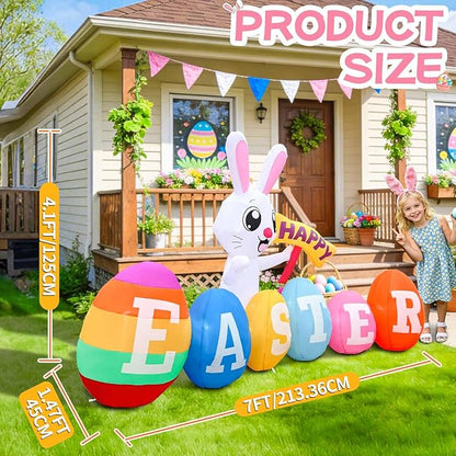 7FT Long Easter Inflatables Outdoor Decoration Inflatable Bunny with Happy Easter Built in LED Lights Bunny Blow Up Yard Decoration for Lawn Garden Holiday Party(with Storage Bag)