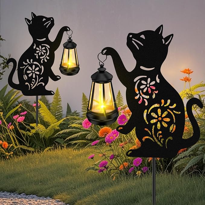 ZFNN Solar Garden Statues Cat Decor - Outdoor Metal Lantern Silhouette Stake, Waterproof Solar Lights for Yard Patio Lawn Pathway Art Decoration, Unique Gardening Gifts for Women Mom Cat Lovers 2Pack