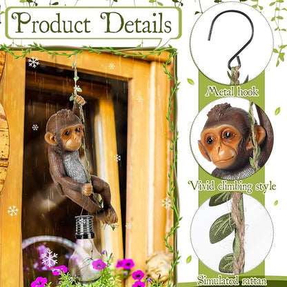 Solar Powered Outdoor Monkey Statue Gift 7.48''H Resin Waterproof Solar Monkey Hanging Figurine Lantern Chimpanzee Baby Monkeys Climbing 19.68" Vine with Hook for Yard Garden Wall Tree Decoration Gift