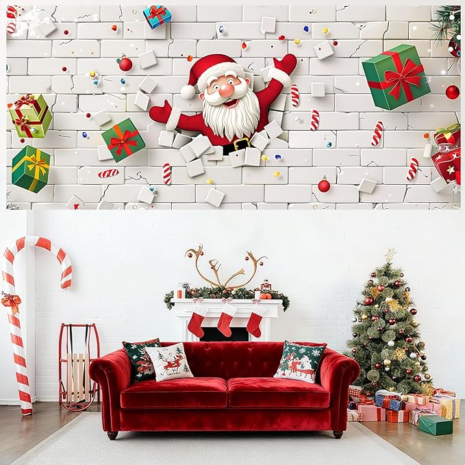 6 x 13 ft Christmas Garage Door Decorations Merry Christmas decorations Xmas Garage Door Cover, Happy New Year Hanging Banner for Home,Outdoor,Indoor,Party (White wall, 6 x 13 ft)
