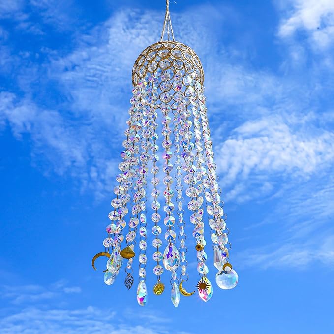 16.7" Chandelier Wind Chimes Crystal Suncatcher Window Hanging Sun Catchers AB Color Crystal Prism Rainbow Maker Pendant Ornament for Christmas Tree