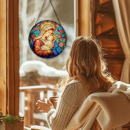 Virgin Mary Flower Suncatcher Stained Glass Window Hanging, Christian Our Lady of Grace Sun Catchers Indoor Window Glass Round Wall Decor, Catholic Rose Wall Art Hanging Decorations, ＂7.8x7.8＂