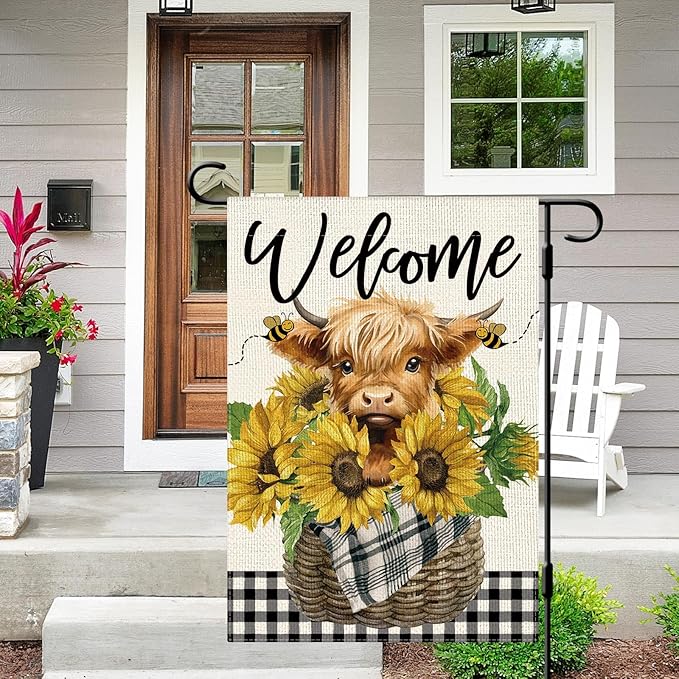 DLZDN Welcome Summer Garden Flag Sunflower Highland Cow Garden Flag 12×18 Inch Double Sided Buffalo Plaid Farmhouse Yard Flag Spring Summer Seasonal Outdoor Decor