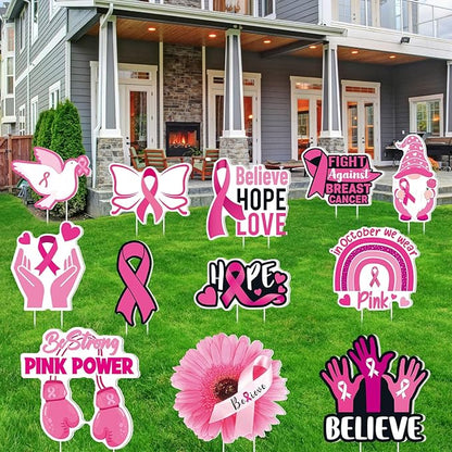 Amyhill 12 Pcs Breast Cancer Awareness Yard Signs Decoration for Outdoor Pink Ribbon Garden Lawn Signs with Stakes Waterproof Decor Gifts for Women Festive Holiday Party Patio Lawn Walkway Decoration