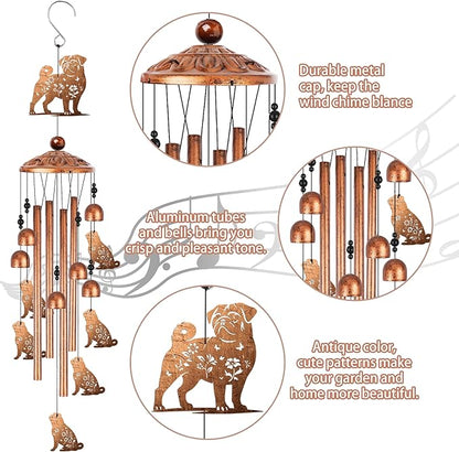 Pug Wind Chimes for Outside, Pug Gifts for Women Men Dog Lovers Metal Windchimes Outdoors, Floral Butterfly Dog Design Home Garden Patio Yard Decor
