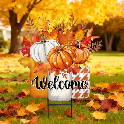 JarThenaAMCS Thanksgiving Pumpkin Metal Garden Stakes Autumn Sunflower Pumpkin Vase Decorative Lawn Sign Fall Welcome Yard Sign for Home Outside Lawn Porch Decor