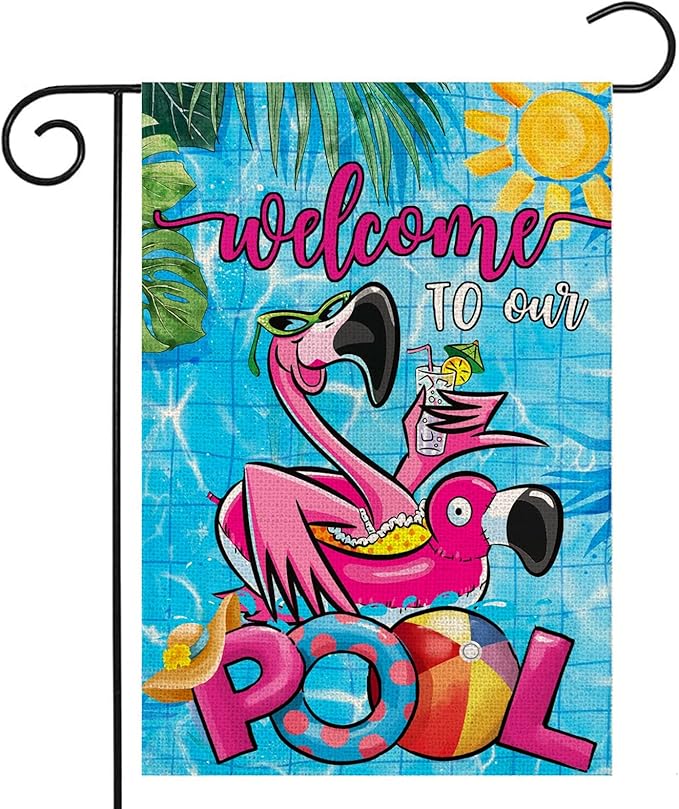 Summer POOL Garden Flags for Outdoor, Flamingo Welcome to Our POOL Small Yard Flags for Outside, Swimming Pool Decoration for Party Holiday 12x18 Inch Double Sided