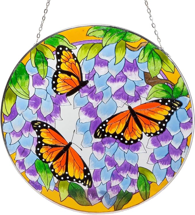 Bits and Pieces - Artistic Butterfly Suncatcher - Stained Glass Window Hanging - Hand-Painted Monarch Butterfly Suncatcher – Home Garden Decor - 9¾""