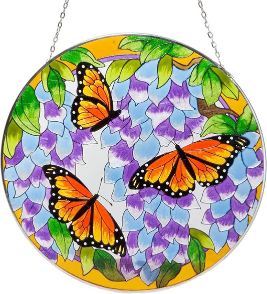 Bits and Pieces - Artistic Butterfly Suncatcher - Stained Glass Window Hanging - Hand-Painted Monarch Butterfly Suncatcher – Home Garden Decor - 9¾""
