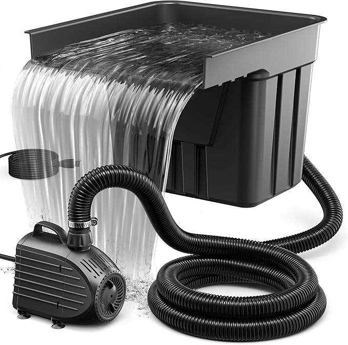 NFESOLAR Pond Waterfall Spillway Kit, Includes Waterfall Box, Filter Media, 1200GPH Water Pump and 10 FT Corrugated Tubing, for Ponds and Streams up to 3,000 Gallons N4332