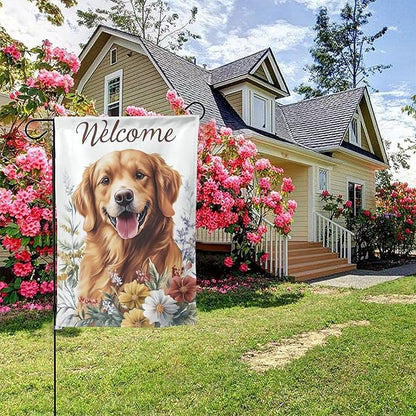 Golden Retriever With Floral Garden Flags 12×18 Inch Double Sided Decorative Yard Banner Seasonal Flag for Outdoor Outside Decor