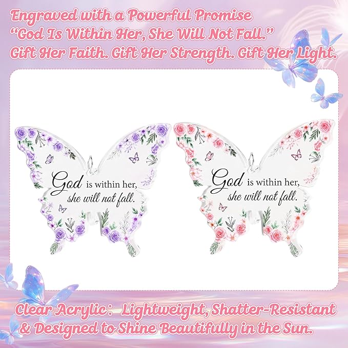 Didaey 2 Pcs Christian Crystal Butterfly Suncatchers Inspirational Religious Gifts for Women Pink Purple Windows Car Hanging Ornament with Greeting Card and Gift Box for Mom Friend Mother's Day