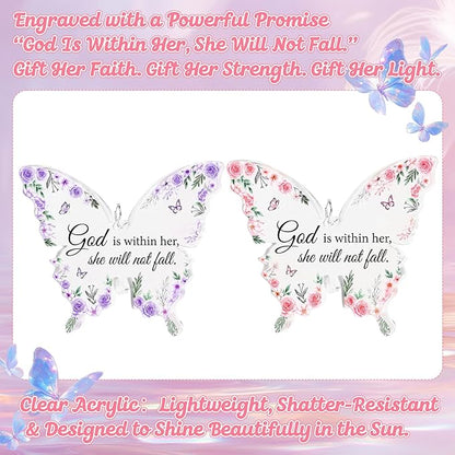 Didaey 2 Pcs Christian Crystal Butterfly Suncatchers Inspirational Religious Gifts for Women Pink Purple Windows Car Hanging Ornament with Greeting Card and Gift Box for Mom Friend Mother's Day