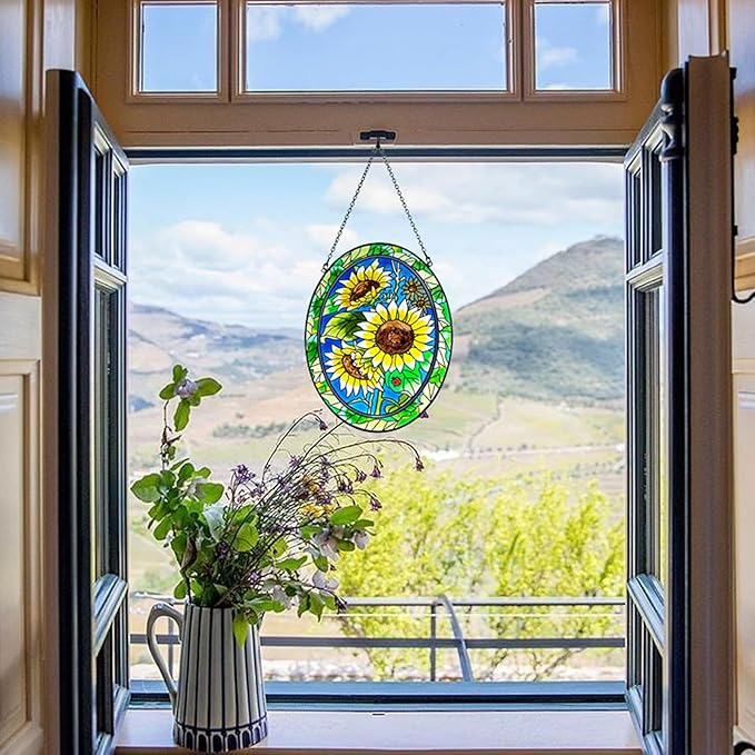 Sunflower Stained Glass Window Hanging Home Decor Suncatchers Indoor Window Gift for Mom Women Flower Lovers