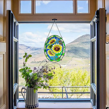Sunflower Stained Glass Window Hanging Home Decor Suncatchers Indoor Window Gift for Mom Women Flower Lovers