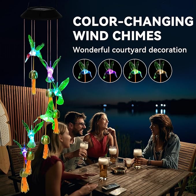 Hummingbird Gifts for Women Mom Grandma,Hanging Solar Wind Chimes for Outside,Waterproof LED Gardening Garden Decor Lights for Festival Birthday Gifts for Girlfriend Wife (Black Housing)