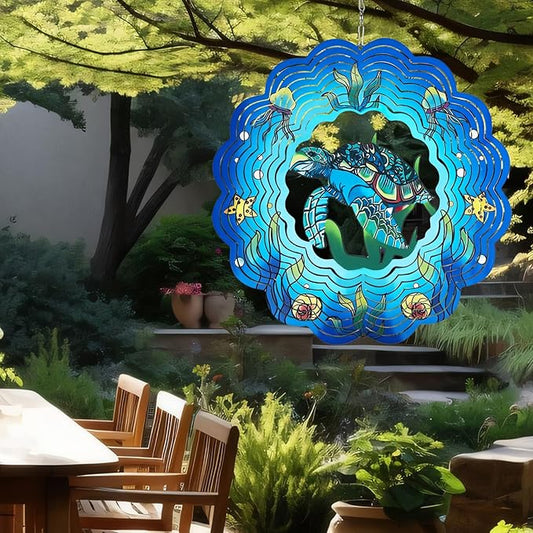 Wind Spinner Mandala 12 inch 3D Stainless Steel Laser Cut Metal Art Geometric Pattern Hanging Wind Spinner (sea Turtle)