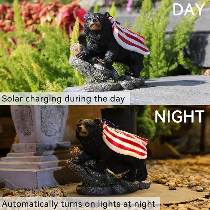 Suyorpe Bear Solar Lights Outdoor Statue - Garden Black Bear with Light up American Flag Solar Animals Outdoor Waterproof Decor for Patio,Porch,Balcony,Yard,Lawn