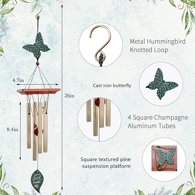 ASTARIN Cardinal Memorial Wind Chimes, Personalized 26" Small Metal Symphthy Wind Chime, Bereavement Gift for Loss of Loved One Father Mother, Dragonflie Damselflie Decor for Outside Patio Garden