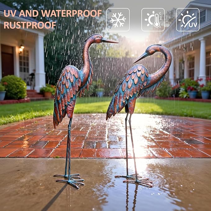 Kircust Metal Crane Statues - Set of 2 Bronze Heron Sculptures for Garden, Patio, or Yard Decor - 27.56" Tall Weatherproof Outdoor Art