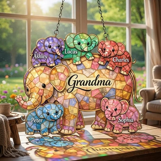 Personalized Grandma Elephant Stained Glass Suncatcher, Custom Grandchildren Names Window Hanging Ornament, Elephant Family Mother’s Day Keepsake, Colorful Home Decor for Grandma