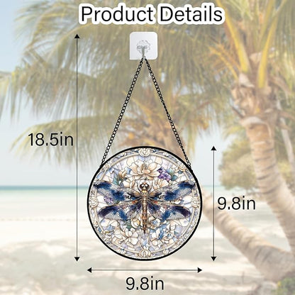 DASTOLL Stained Glass Window Hanging, Dragonfly Flower Suncatcher for Doors Home Sun Catchers Decoration and Christmas, Mother's Day Birthday Gifts for Women, Men, and Mom 9.8 in