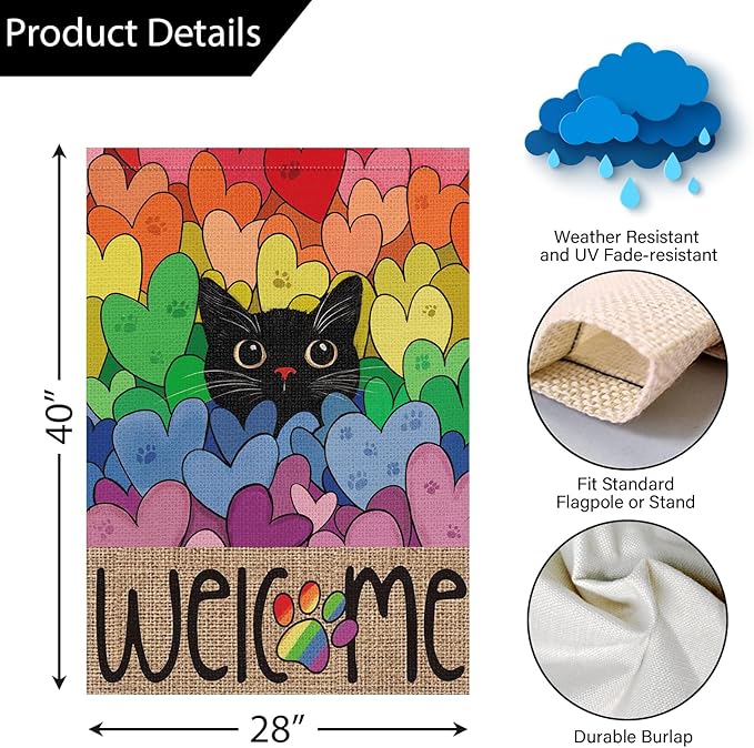 Louise Maelys Pride Month Garden Flag Rainbow Black Cat 28x40 Inch Double Sided Large Burlap Love Heart Gay Lesbian LGBTQ Yard Outdoor Sign Outside Home House Decor