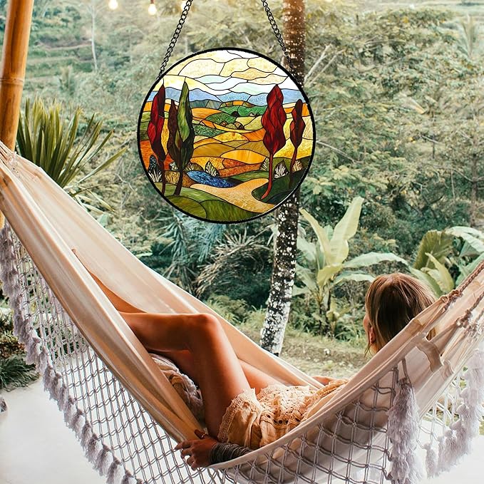 Stained Glass Window Hanging Fall Farm Mountain Landscape 9.8" - Orange Suncatcher Door Garden Sun Catcher Home Decor Birthday Christmas for Mom Men Woman Nana