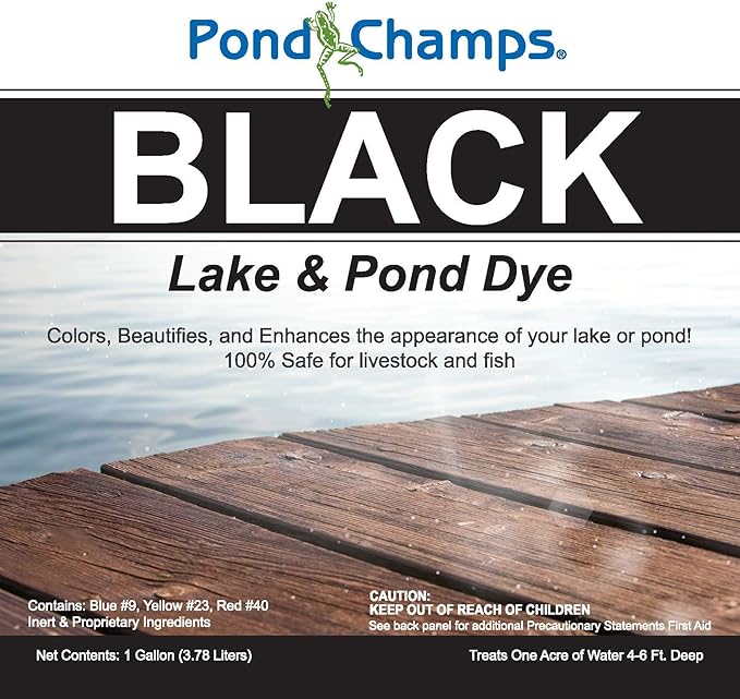 Pond Champs Black Lake & Pond Dye – One Gallon of Deep Black Pond Colorant – Treats 1 Acre - Safe for Fish, Wildlife, Pets & Children
