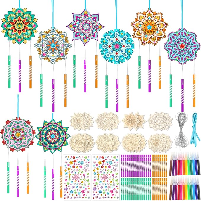 Amyhill 16 Sets Mandala Wind Chimes Craft Kit Make Your Own Mandala Wind Chime DIY Unfinished Wood Hanging Ornaments Coloring Painting Craft Kits for Gifts Adult Party Birthday Activity Home Decor