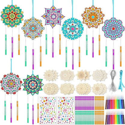 Amyhill 16 Sets Mandala Wind Chimes Craft Kit Make Your Own Mandala Wind Chime DIY Unfinished Wood Hanging Ornaments Coloring Painting Craft Kits for Gifts Adult Party Birthday Activity Home Decor